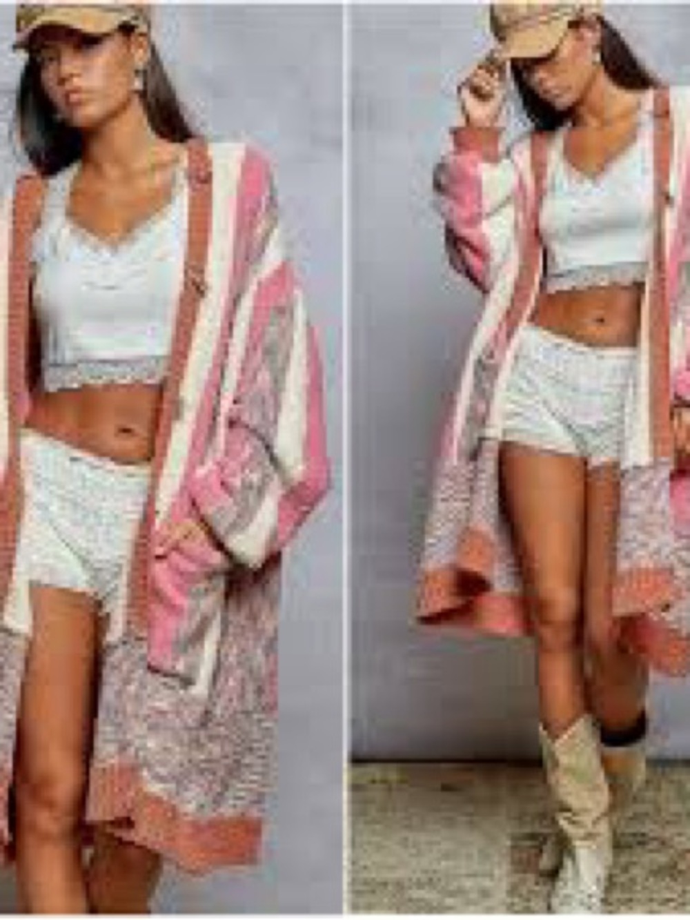 POL Pink and Cream Striped Open-Front Cardigan